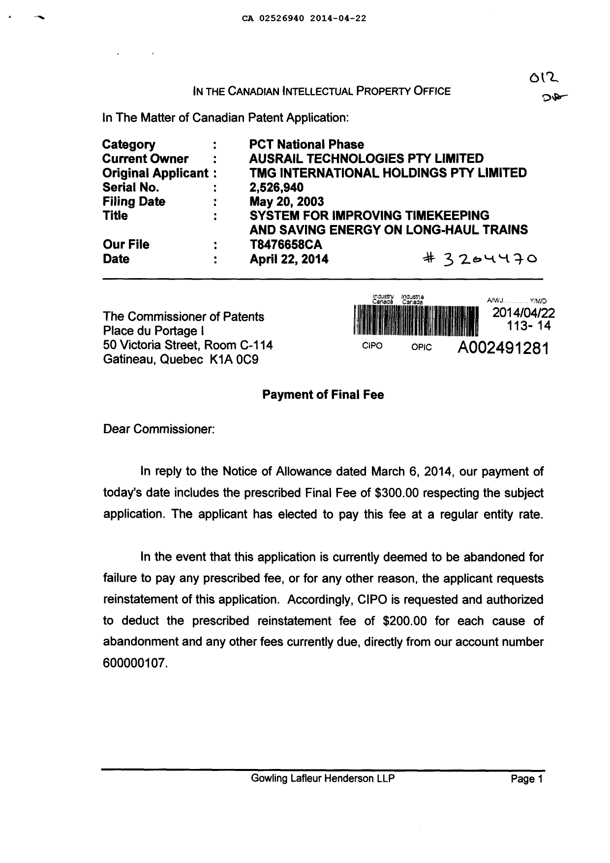 Document de brevet canadien 2526940. Correspondance 20140422. Image 1 de 2