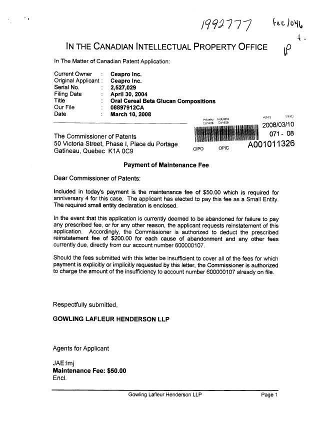Canadian Patent Document 2527029. Correspondence 20080310. Image 1 of 2