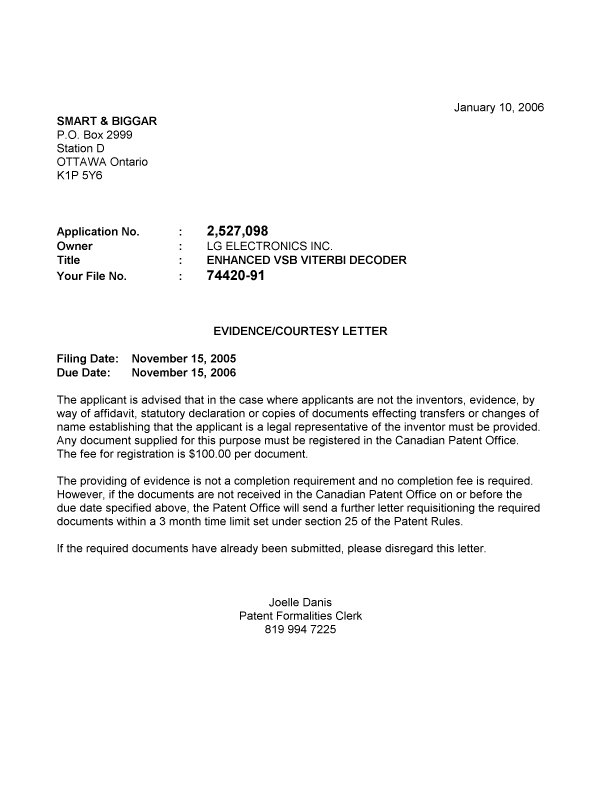 Document de brevet canadien 2527098. Correspondance 20060104. Image 1 de 1