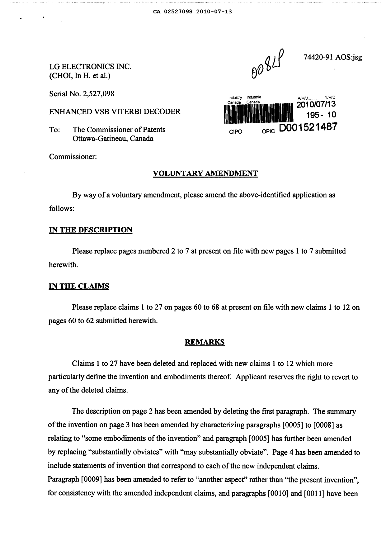 Canadian Patent Document 2527098. Prosecution-Amendment 20100713. Image 1 of 12