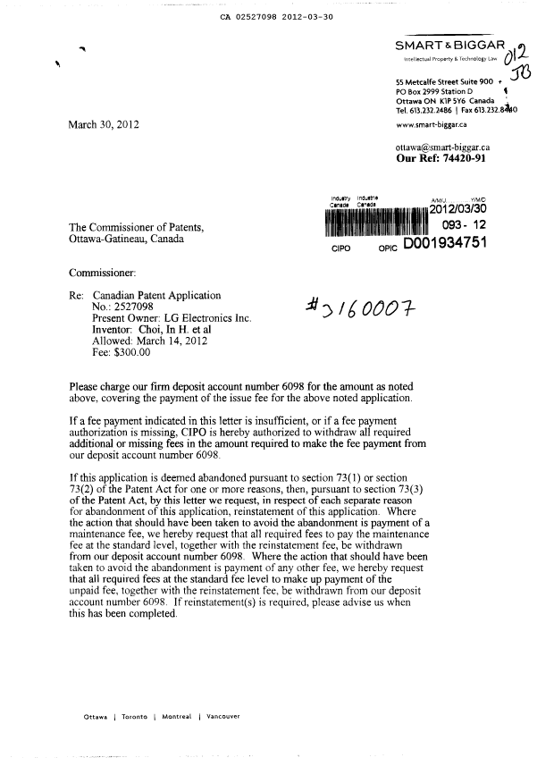 Canadian Patent Document 2527098. Correspondence 20120330. Image 1 of 2
