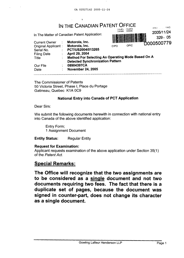 Canadian Patent Document 2527142. Assignment 20051124. Image 1 of 12