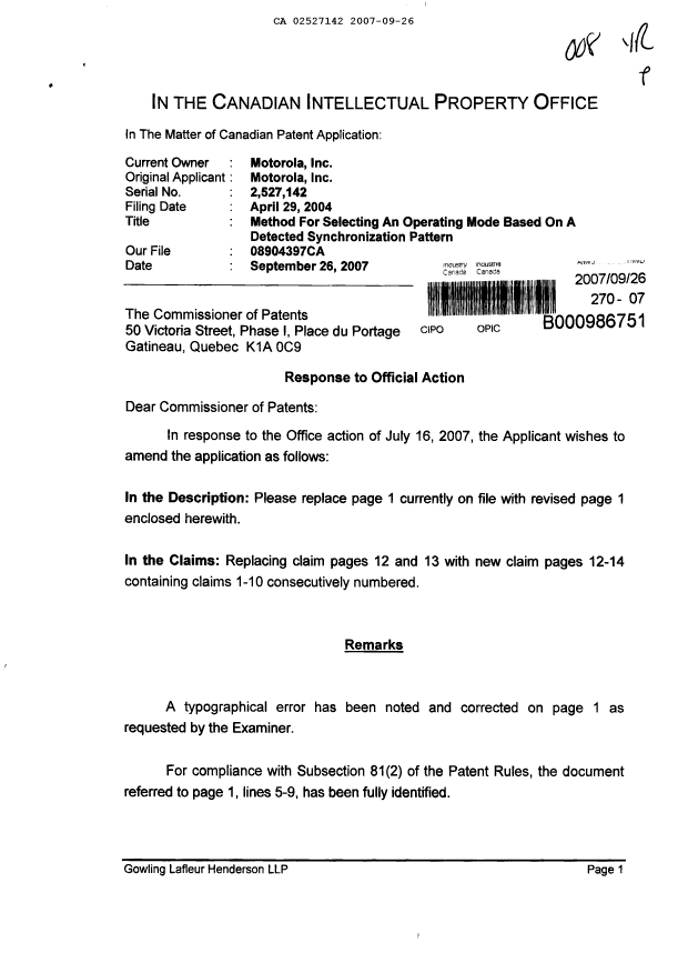 Canadian Patent Document 2527142. Prosecution-Amendment 20070926. Image 1 of 7