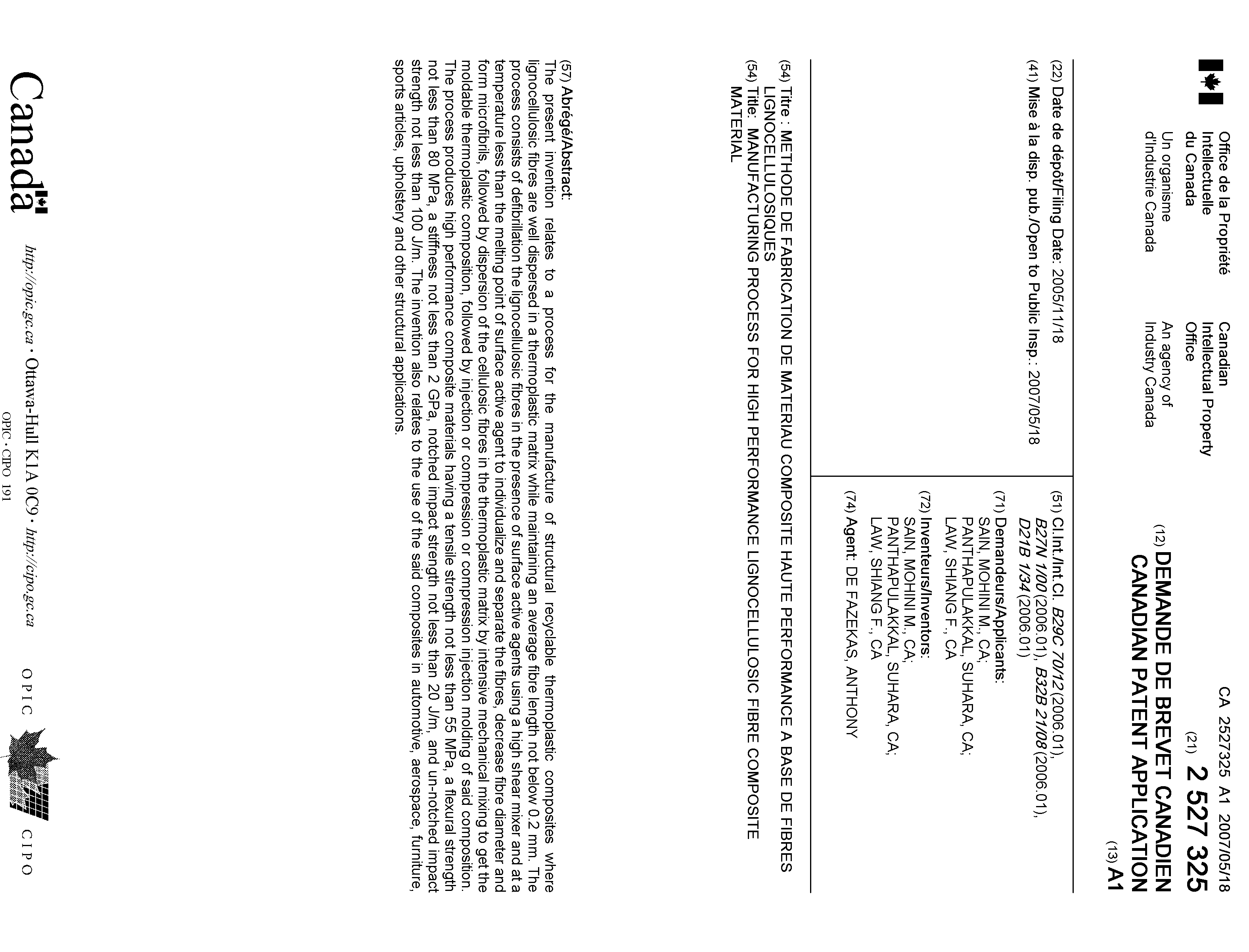 Canadian Patent Document 2527325. Cover Page 20061210. Image 1 of 1