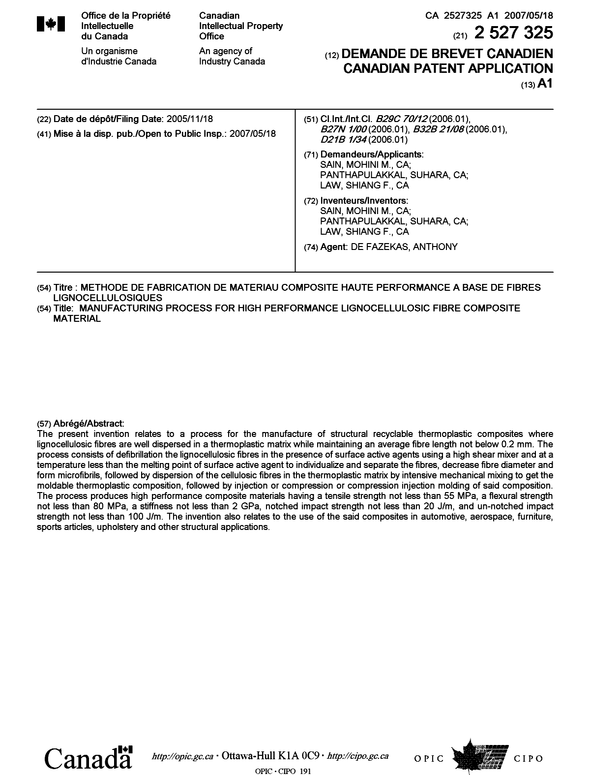 Document de brevet canadien 2527325. Page couverture 20061210. Image 1 de 1