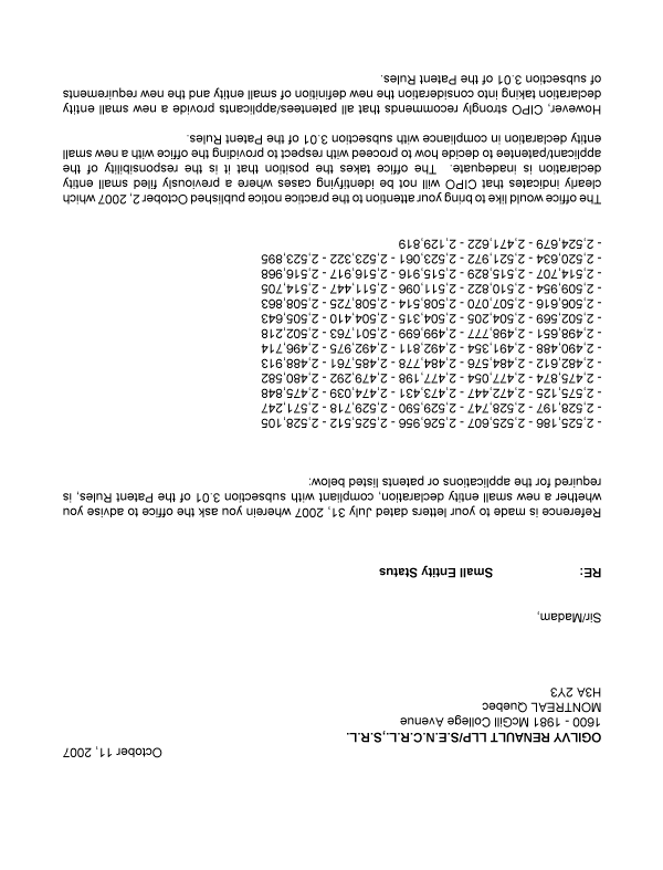 Canadian Patent Document 2527512. Correspondence 20071011. Image 1 of 2