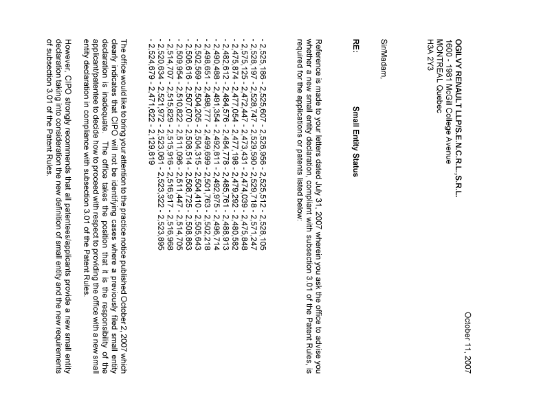 Document de brevet canadien 2527512. Correspondance 20071011. Image 1 de 2