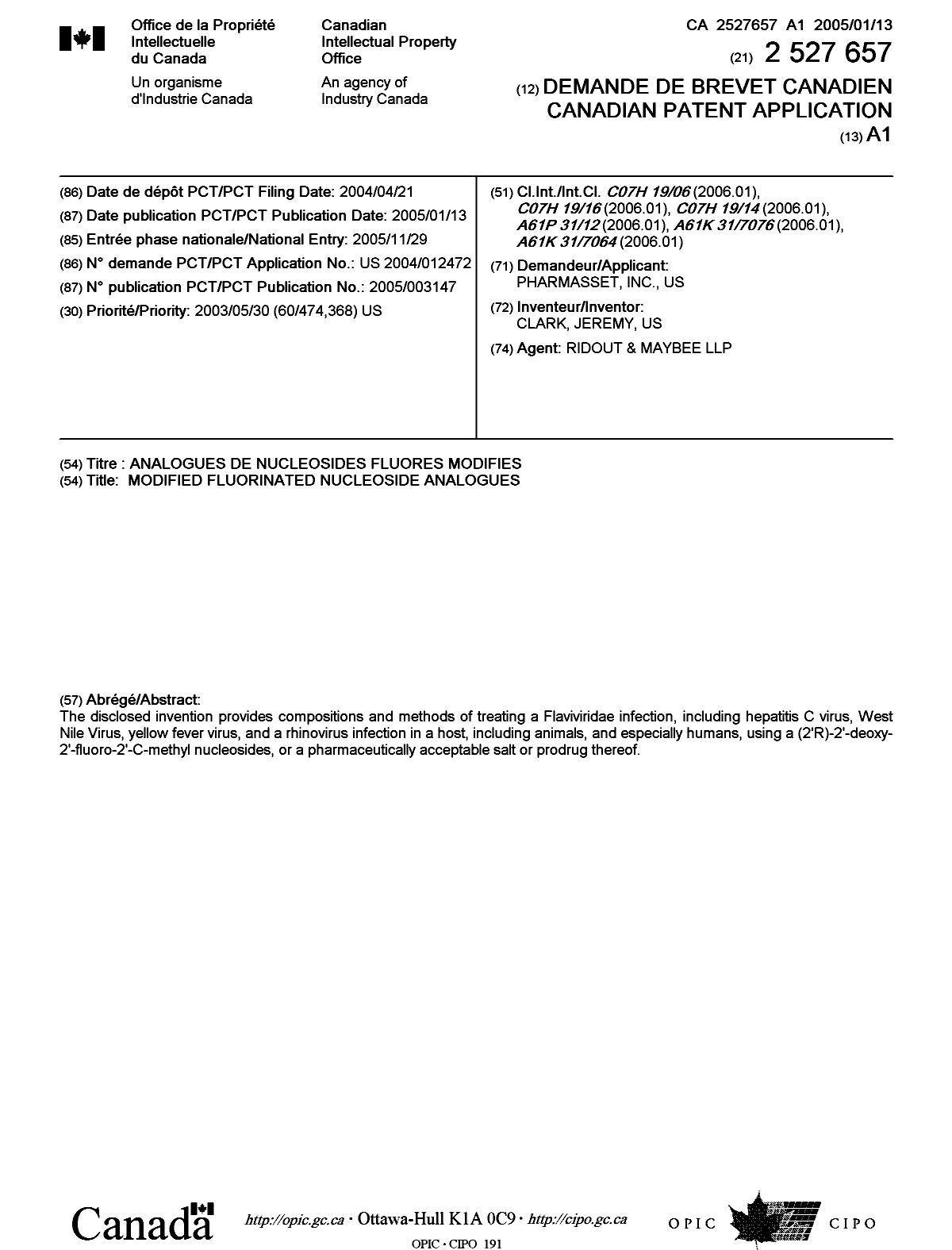 Document de brevet canadien 2527657. Page couverture 20051202. Image 1 de 1
