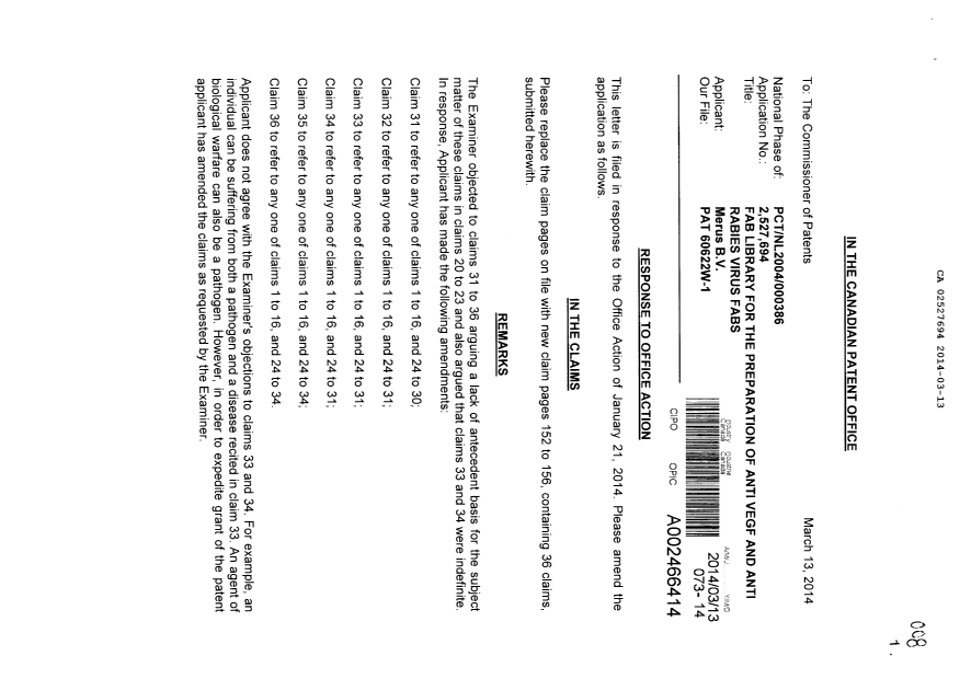 Canadian Patent Document 2527694. Prosecution-Amendment 20140313. Image 1 of 7