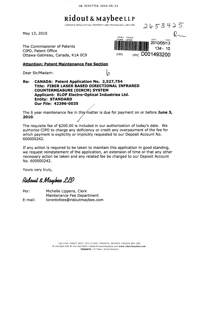 Document de brevet canadien 2527754. Taxes 20100513. Image 1 de 1