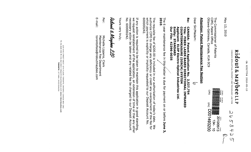 Document de brevet canadien 2527754. Taxes 20100513. Image 1 de 1