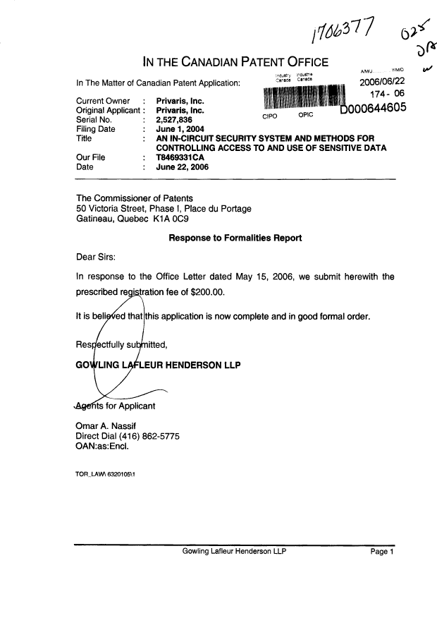 Document de brevet canadien 2527836. Cession 20060622. Image 1 de 1