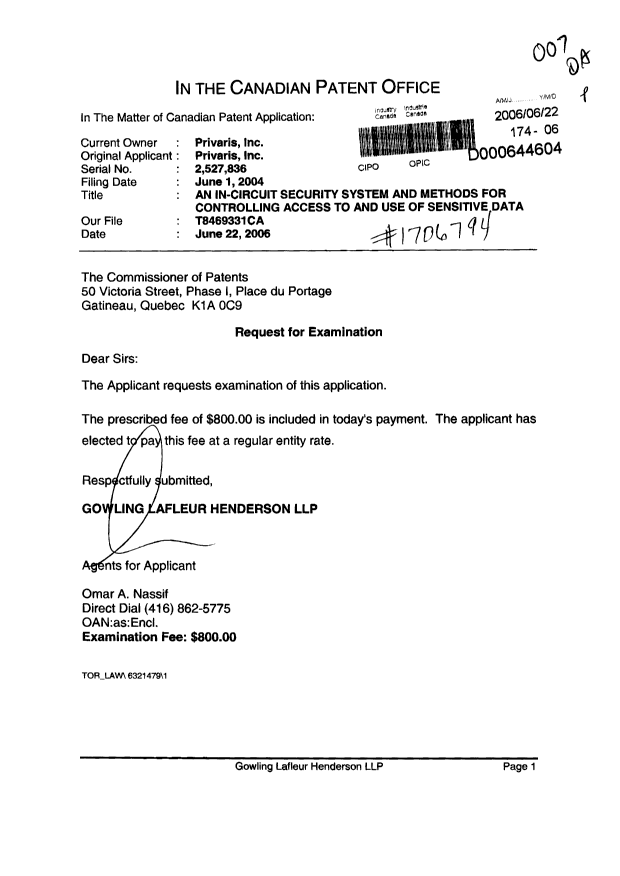 Document de brevet canadien 2527836. Poursuite-Amendment 20060622. Image 1 de 1