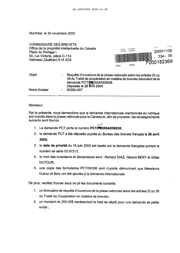 Canadian Patent Document 2527840. Assignment 20051130. Image 1 of 6