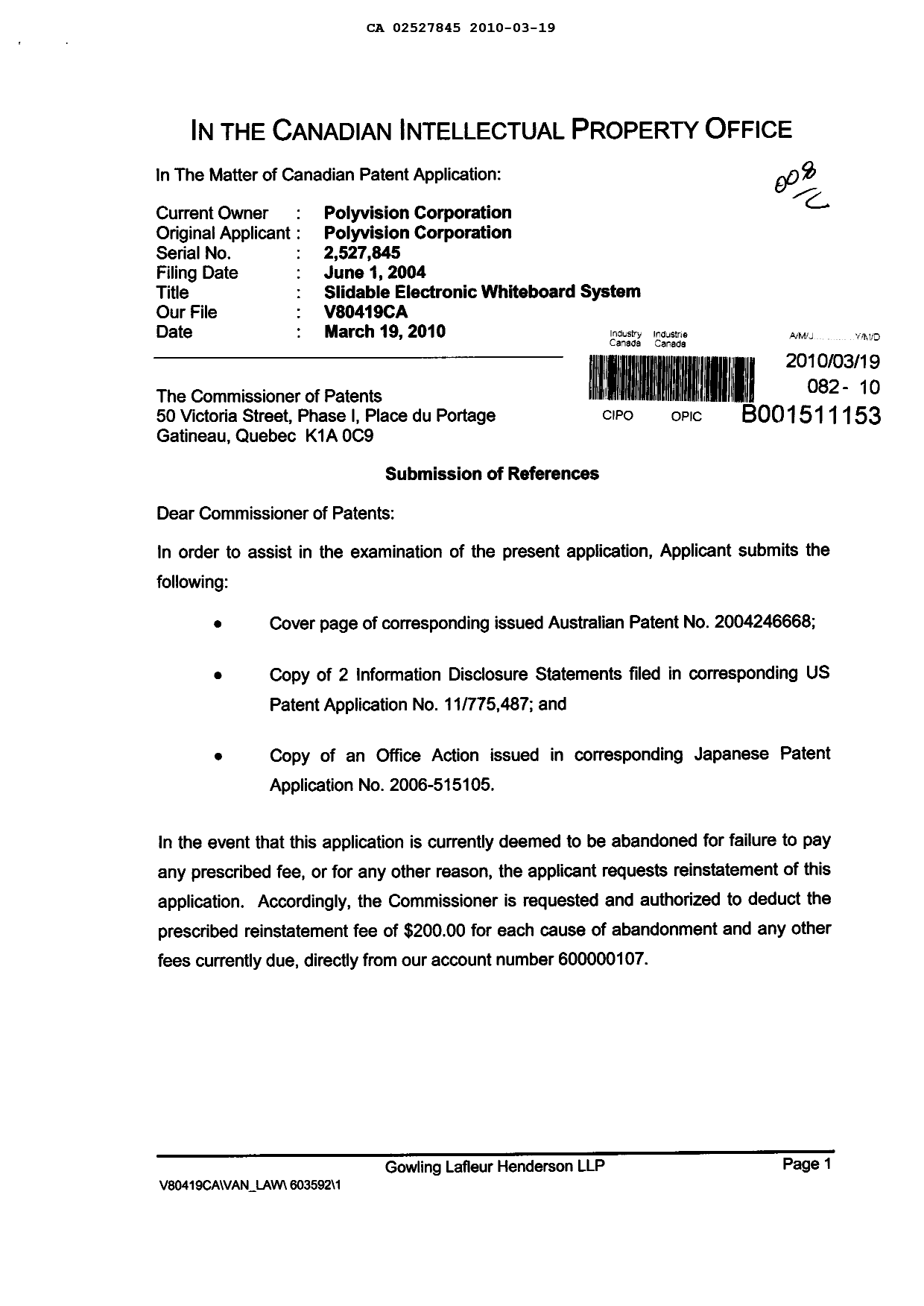 Document de brevet canadien 2527845. Poursuite-Amendment 20091219. Image 1 de 2