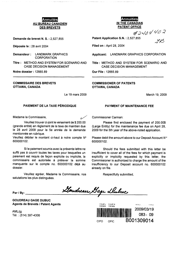 Canadian Patent Document 2527855. Fees 20090319. Image 1 of 1