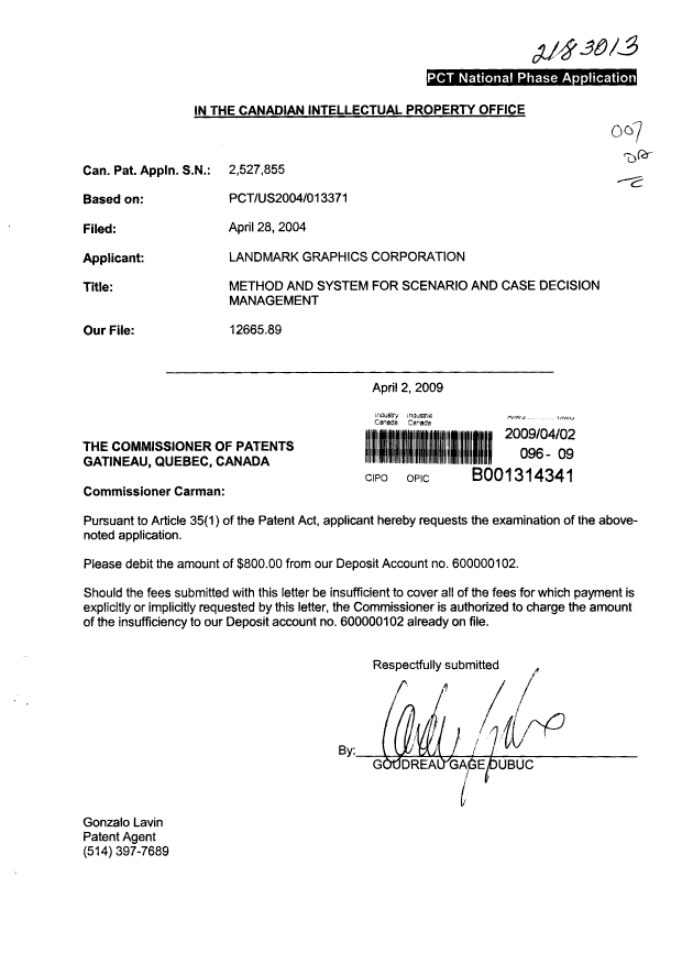 Canadian Patent Document 2527855. Prosecution-Amendment 20090402. Image 1 of 1