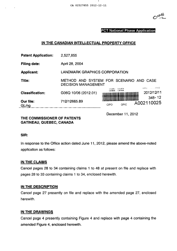 Canadian Patent Document 2527855. Prosecution-Amendment 20121211. Image 1 of 20