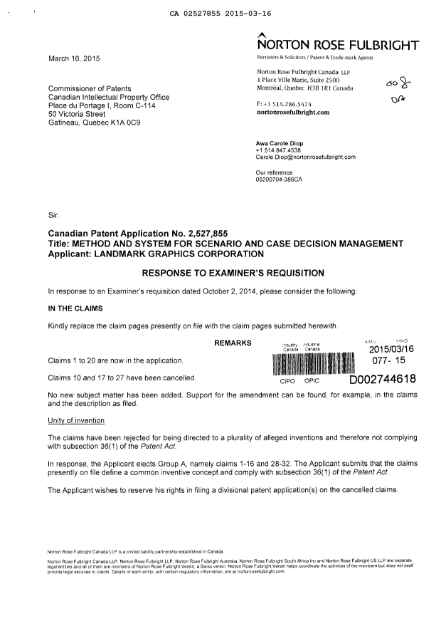 Canadian Patent Document 2527855. Prosecution-Amendment 20150316. Image 1 of 10