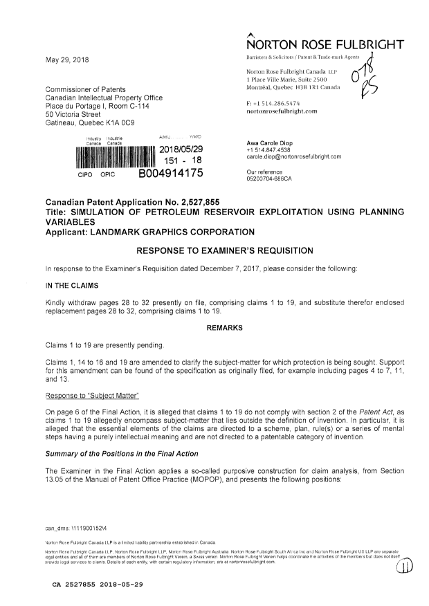 Canadian Patent Document 2527855. Final Action - Response 20180529. Image 1 of 11
