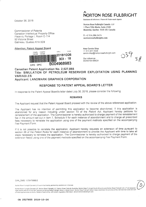 Canadian Patent Document 2527855. Letter to PAB 20181026. Image 1 of 2