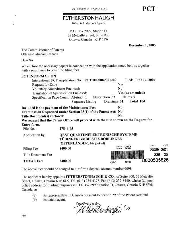 Document de brevet canadien 2527911. Cession 20051201. Image 1 de 2