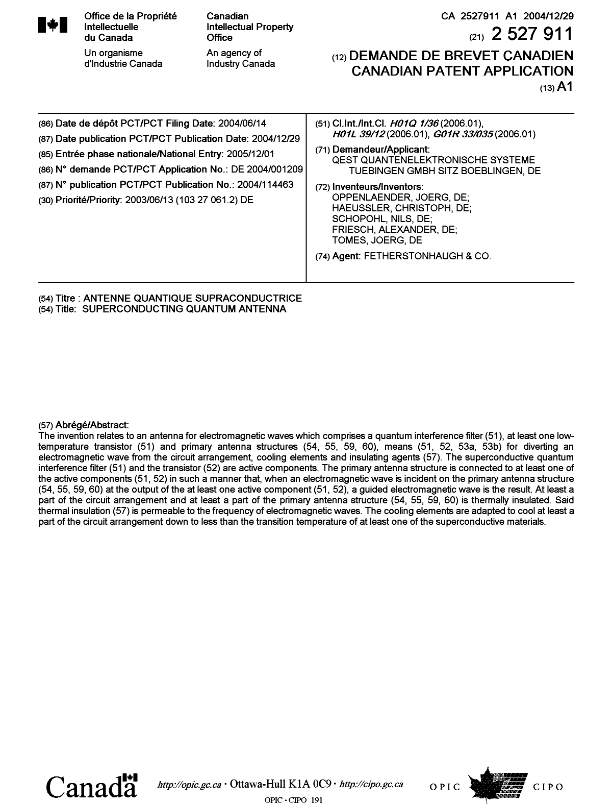 Canadian Patent Document 2527911. Cover Page 20060206. Image 1 of 1