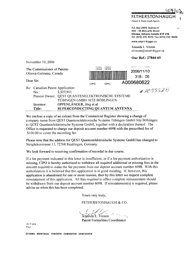 Document de brevet canadien 2527911. Cession 20061110. Image 1 de 5