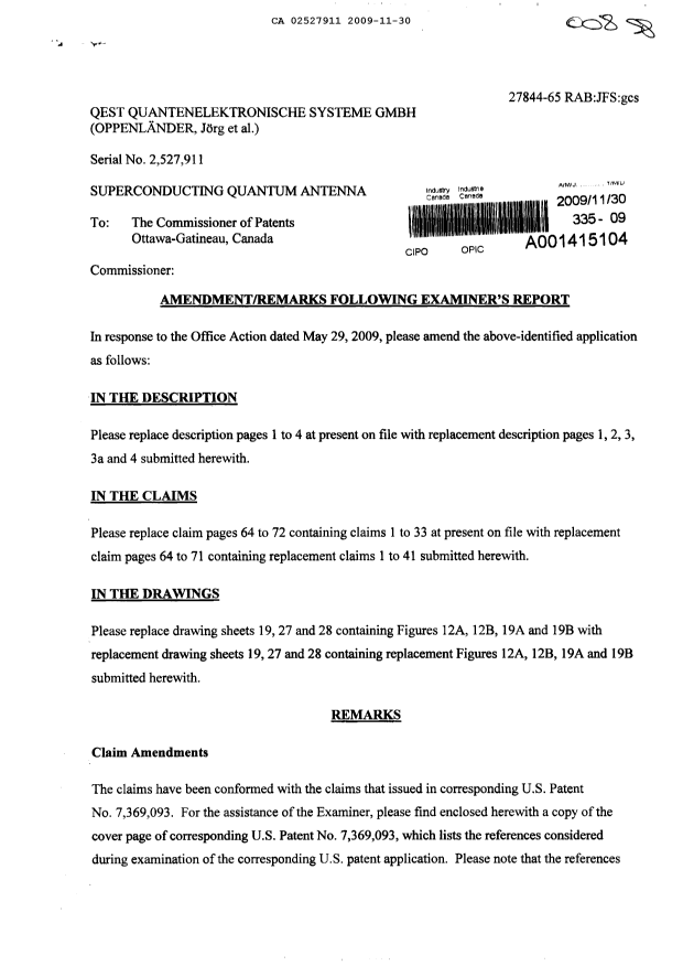 Document de brevet canadien 2527911. Poursuite-Amendment 20091130. Image 1 de 20