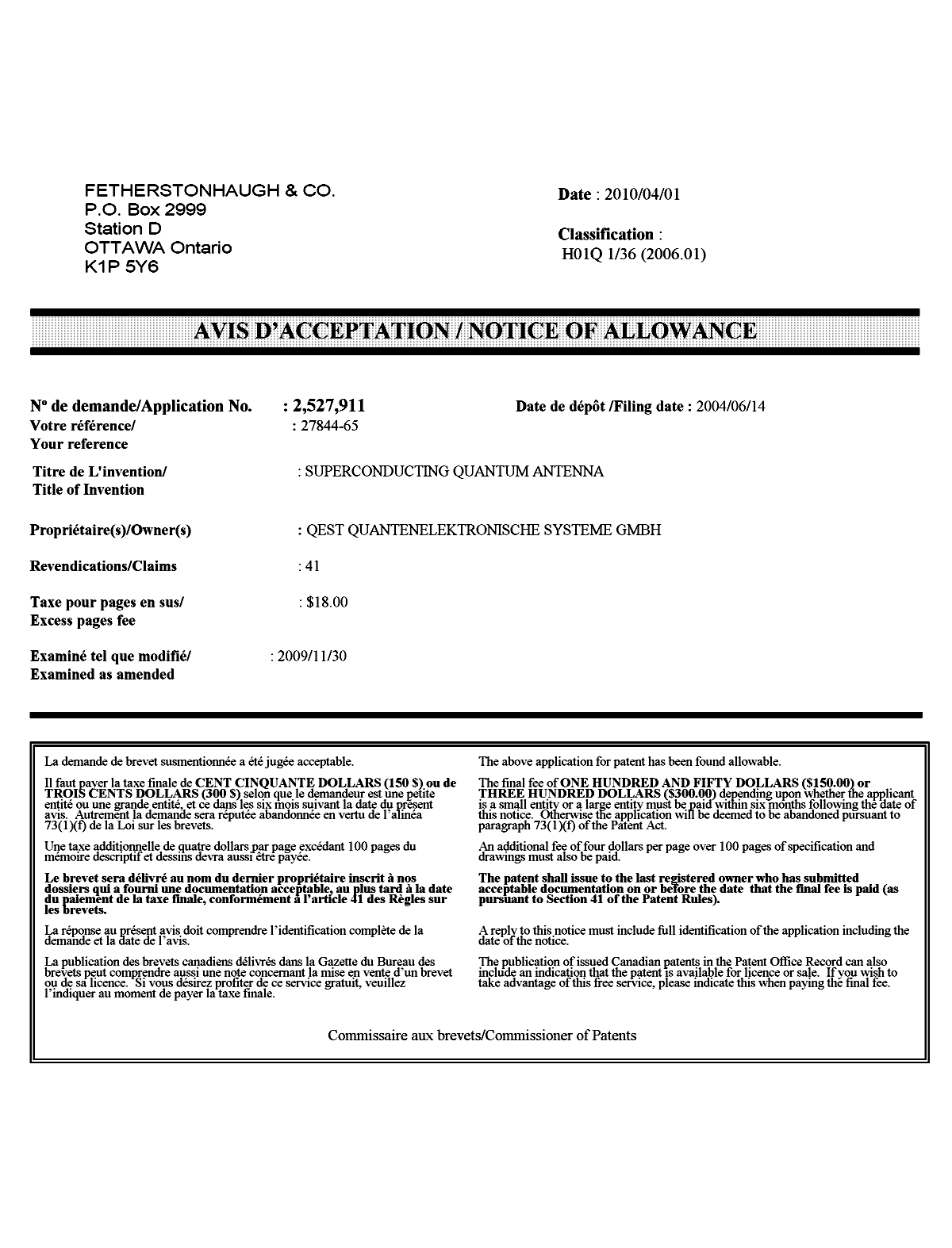 Canadian Patent Document 2527911. Correspondence 20100414. Image 1 of 1