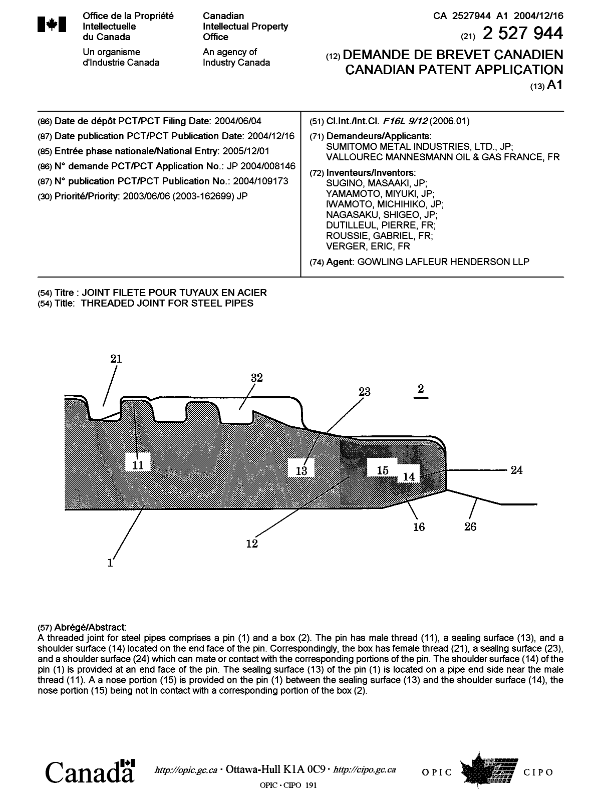 Document de brevet canadien 2527944. Page couverture 20060206. Image 1 de 1