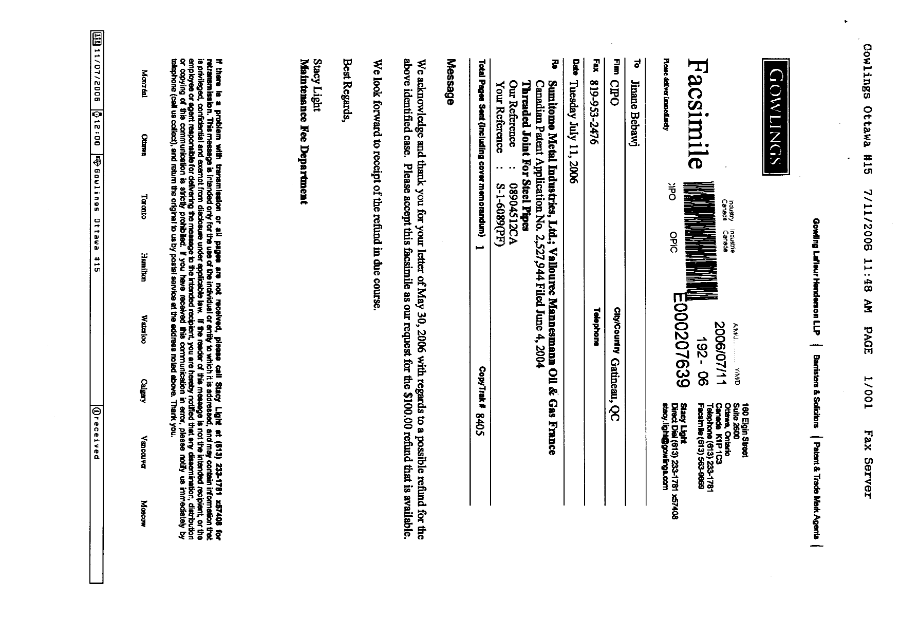 Canadian Patent Document 2527944. Correspondence 20060711. Image 1 of 1