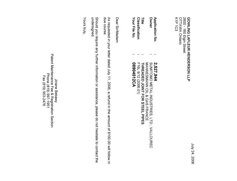 Document de brevet canadien 2527944. Correspondance 20060724. Image 1 de 1