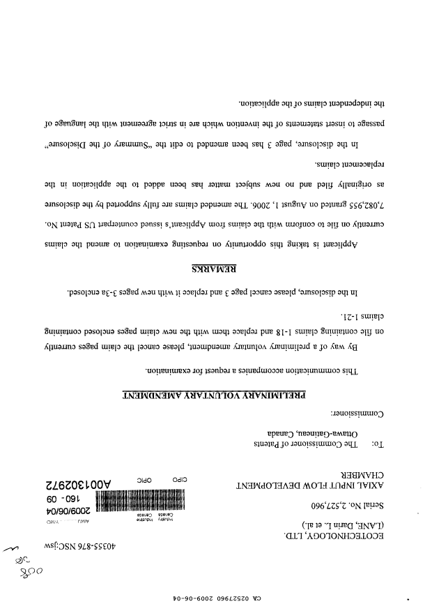 Canadian Patent Document 2527960. Prosecution-Amendment 20090604. Image 1 of 7