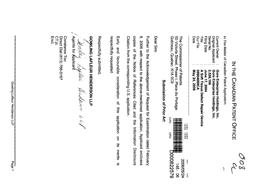 Document de brevet canadien 2528106. Poursuite-Amendment 20060524. Image 1 de 1