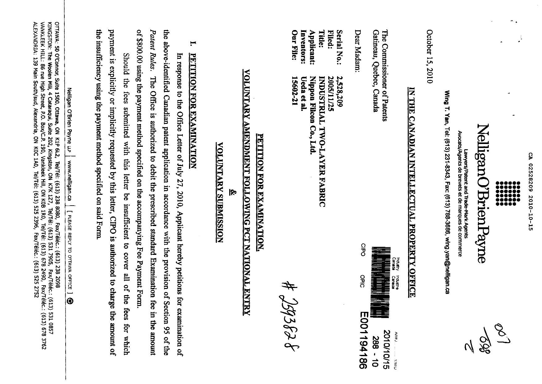 Canadian Patent Document 2528209. Prosecution-Amendment 20101015. Image 1 of 7