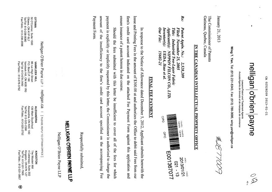 Document de brevet canadien 2528209. Correspondance 20130121. Image 1 de 1