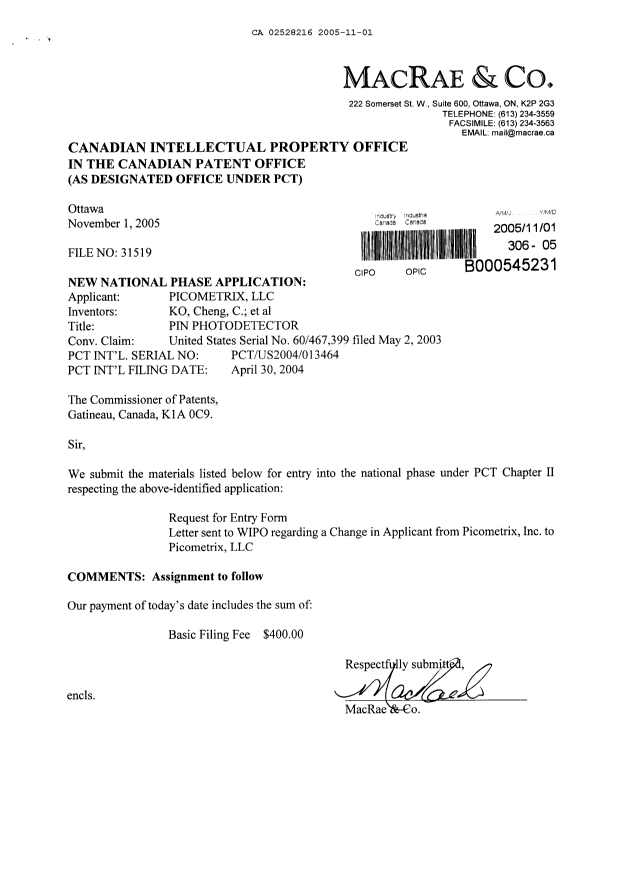 Canadian Patent Document 2528216. Assignment 20051101. Image 1 of 3