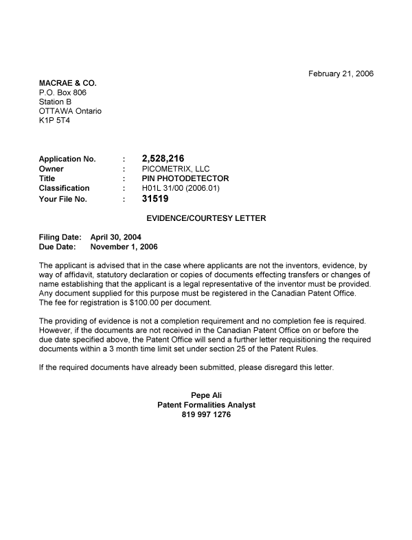 Canadian Patent Document 2528216. Correspondence 20060216. Image 1 of 1