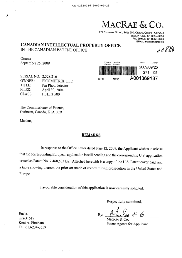 Canadian Patent Document 2528216. Prosecution-Amendment 20090925. Image 1 of 1