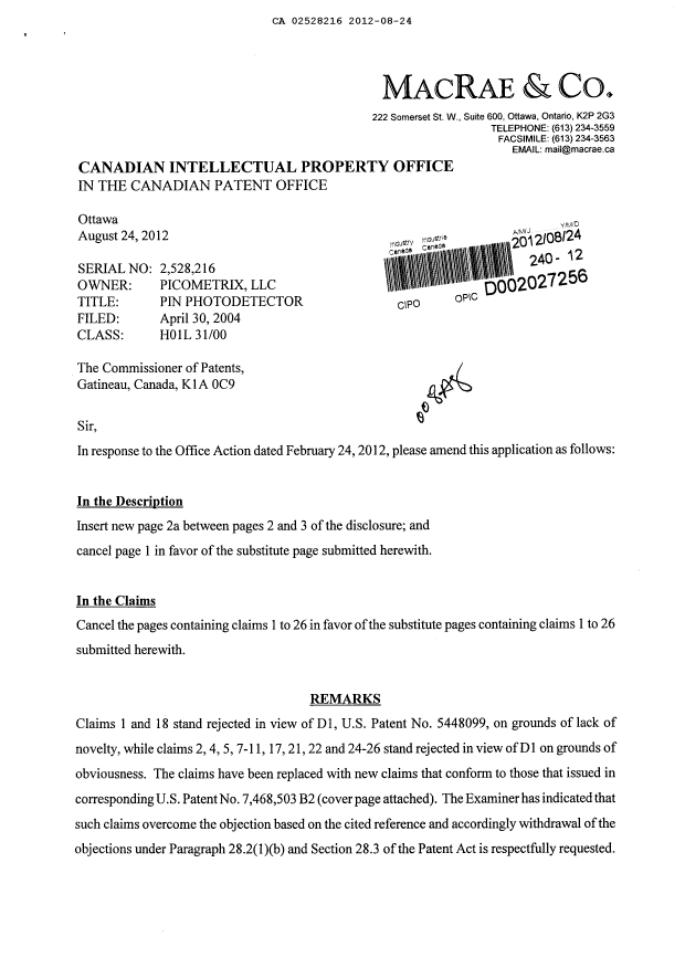 Canadian Patent Document 2528216. Prosecution-Amendment 20120824. Image 1 of 8