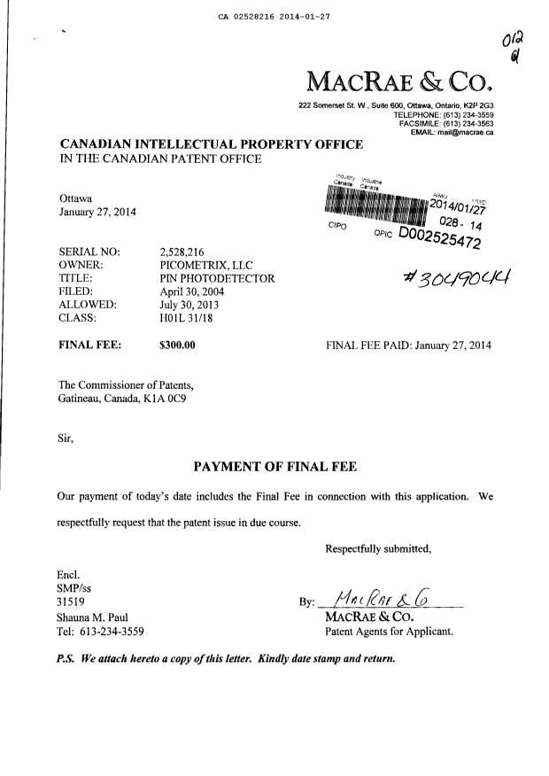 Canadian Patent Document 2528216. Correspondence 20140127. Image 1 of 1