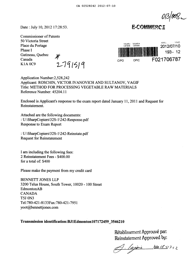 Document de brevet canadien 2528242. Poursuite-Amendment 20120710. Image 1 de 10