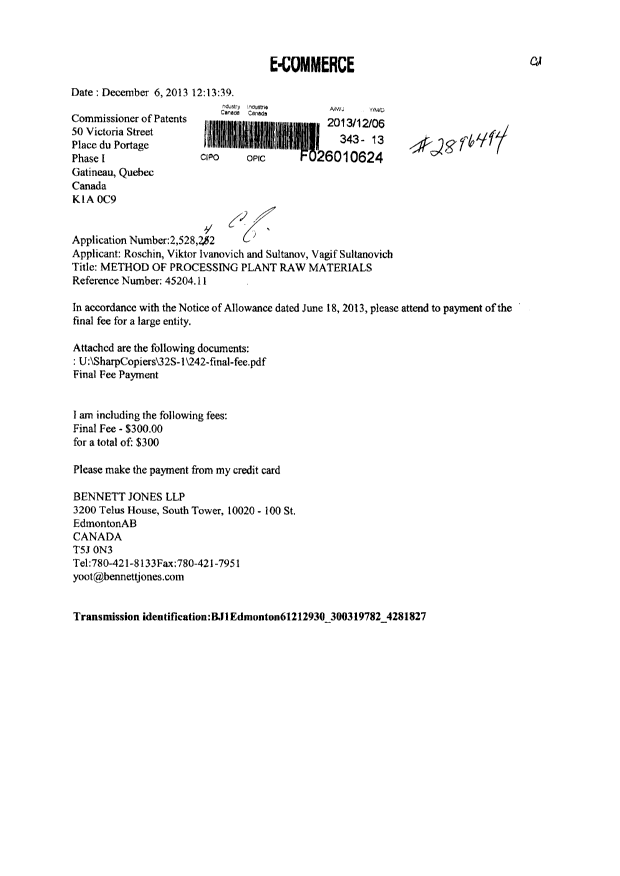 Document de brevet canadien 2528242. Correspondance 20131206. Image 1 de 2