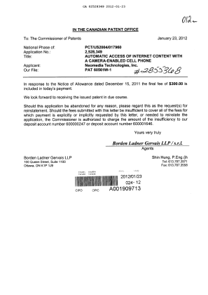 Document de brevet canadien 2528349. Correspondance 20120123. Image 1 de 1