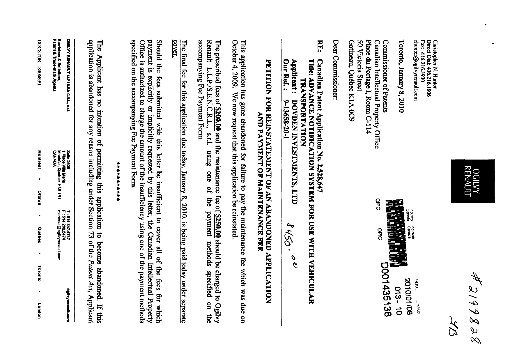 Canadian Patent Document 2528647. Fees 20091208. Image 1 of 2