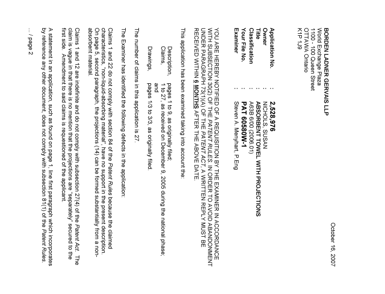 Document de brevet canadien 2528976. Poursuite-Amendment 20071016. Image 1 de 2