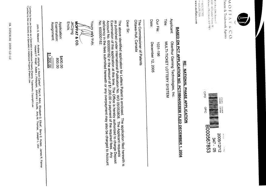 Document de brevet canadien 2529192. Cession 20051212. Image 1 de 3