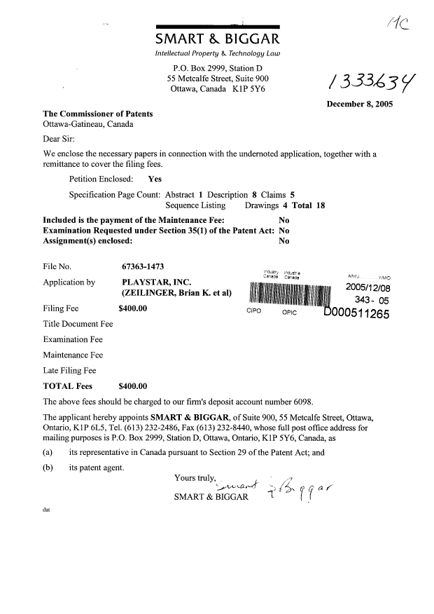 Canadian Patent Document 2529276. Assignment 20051208. Image 1 of 2