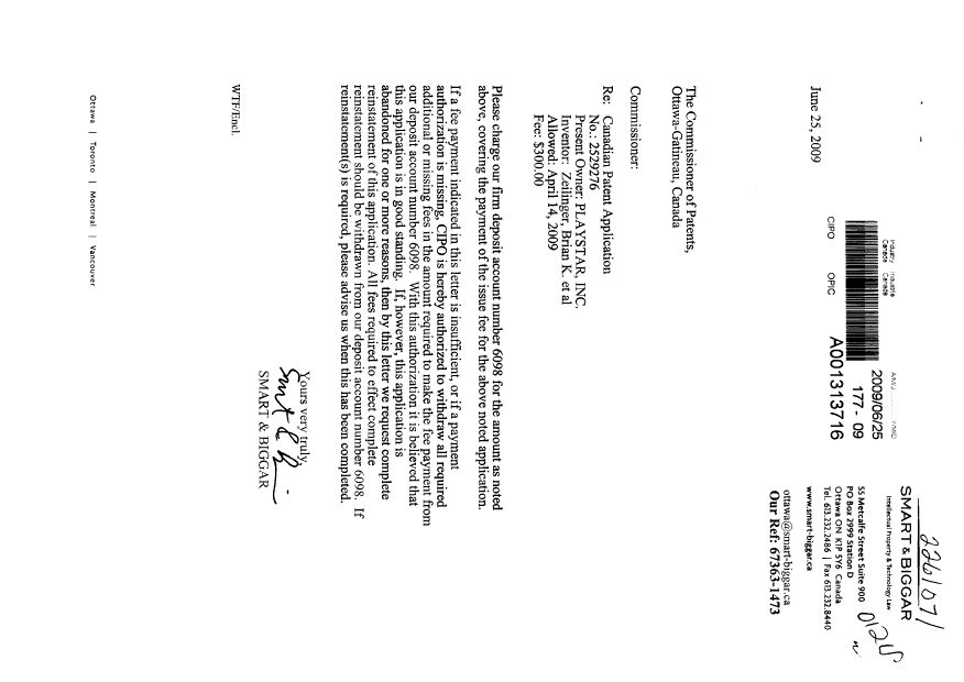 Canadian Patent Document 2529276. Correspondence 20090625. Image 1 of 1